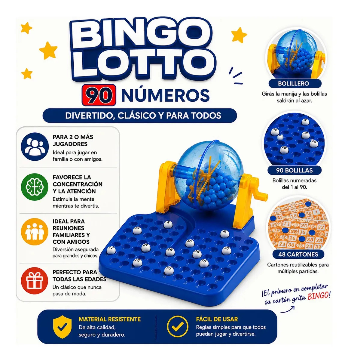 Juego Mesa Bingo Bolillero 90 Números 48 Cartones Plástico Clásico Familiar Craco