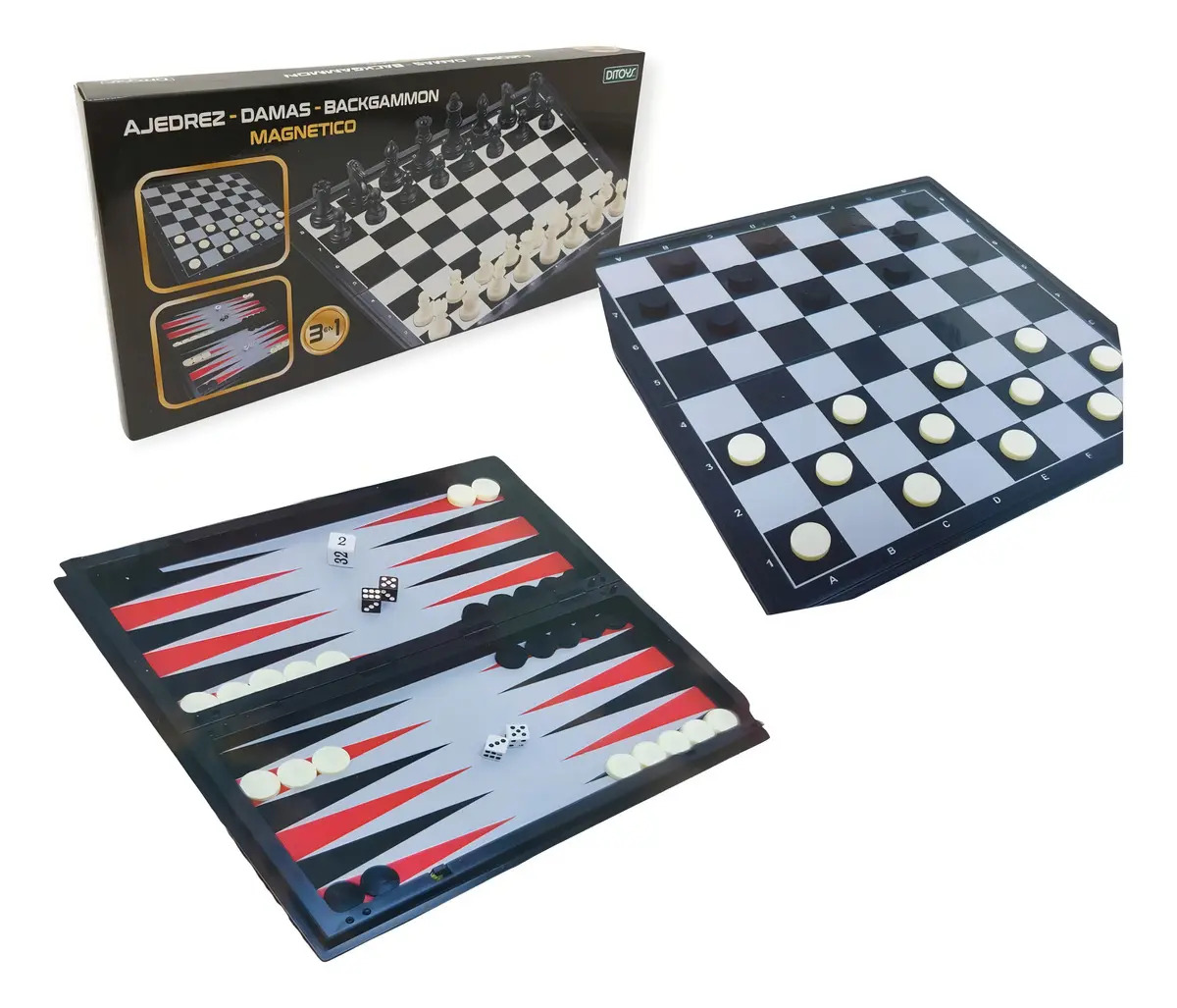Juego de Mesa Magnético 3 en 1 Ajedrez Damas Backgammon Ditoys 32cm