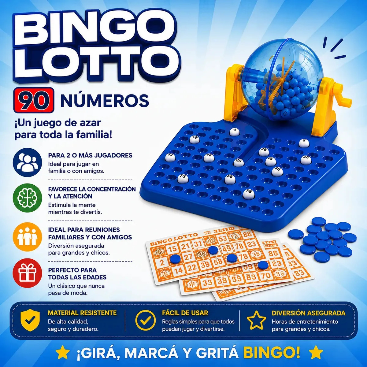 Juego Mesa Bingo Bolillero 90 Números 48 Cartones Plástico Clásico Familiar Craco